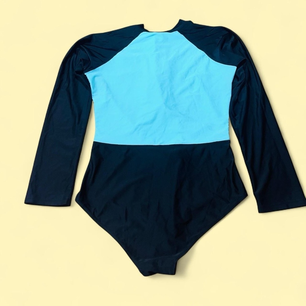 Black Blue Long-Sleeve One Piece Swimsuit XXL